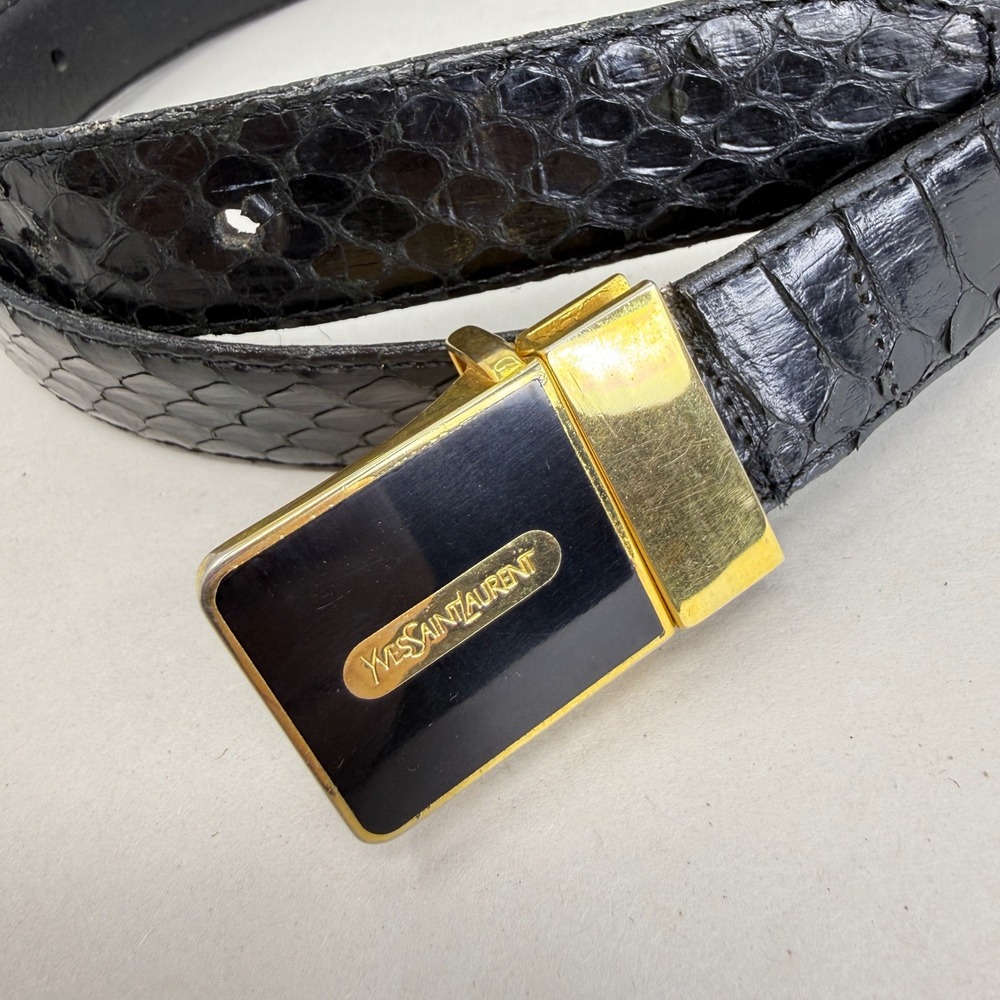 Yves Saint Laurent YSL Vintage Black Snakeskin Belt Gold Tone Logo Buckle